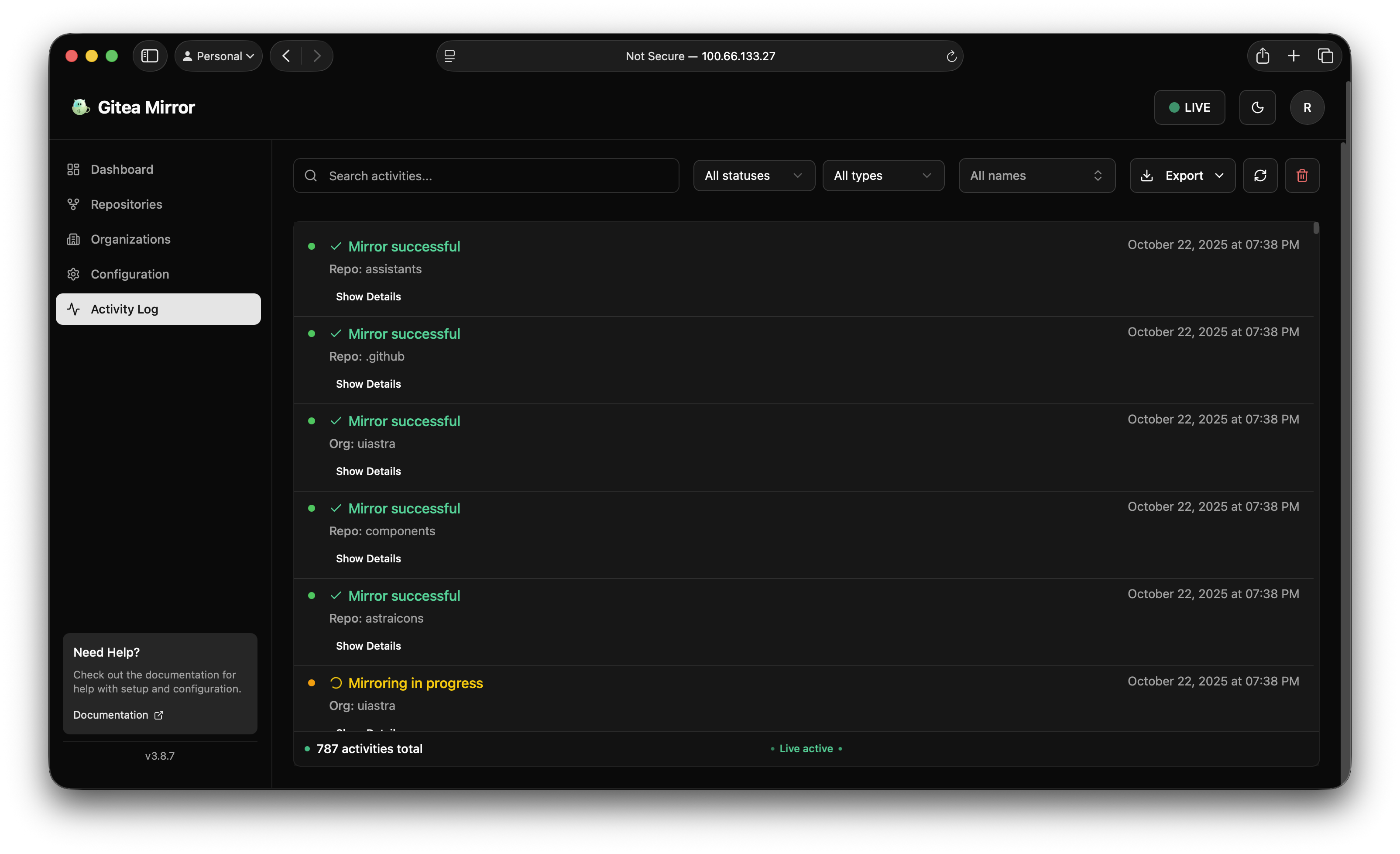 Gitea Mirror activity log displaying recent GitHub backup jobs and their status.